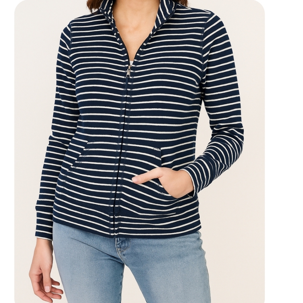 LL Bean Navy Striped Women's Ultrasoft Sweats, Full-Zip Mock-Neck Jacket Sz Med
